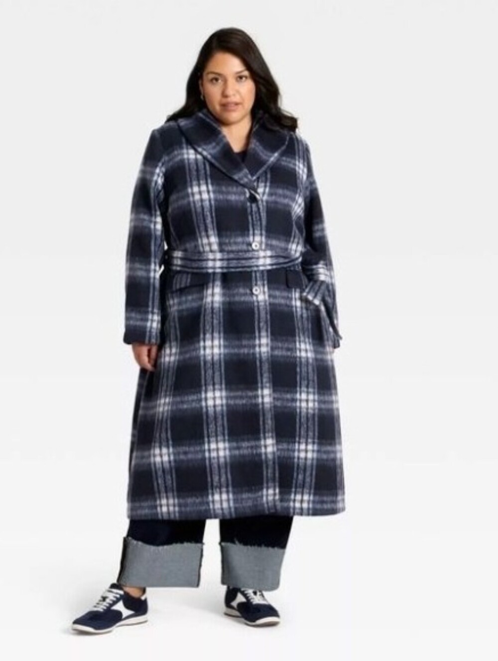 Ava & Viv Women’s Belted Coat, 2X - Navy Blue Plaid